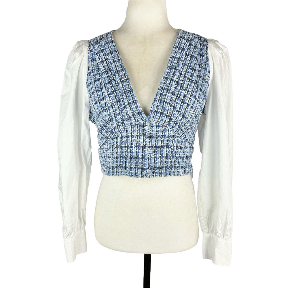 Zara blue tweed vest blouse